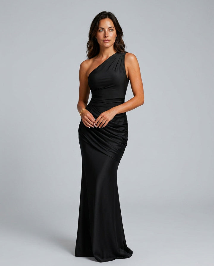 One-shoulder draped satin maxi dress