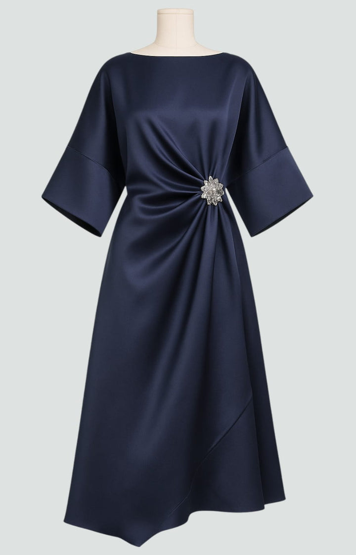 Women's Maxi Dress with Draped Brooch – Evening Dress with Cape Sleeves for Formal Occasions