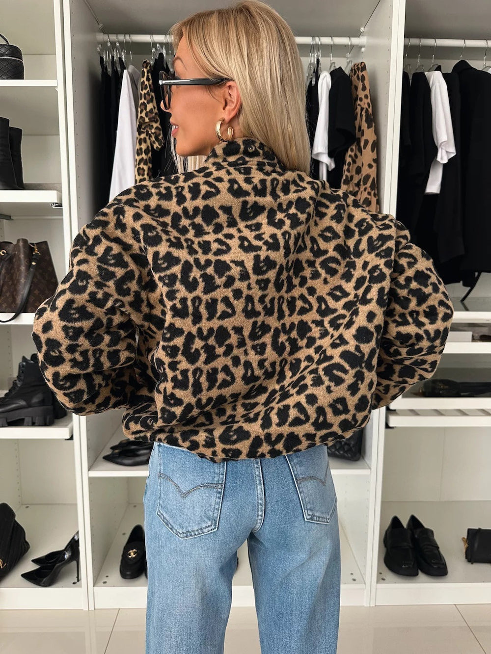 Leopard-Print Bomber-Style Jacket with Front Buttons