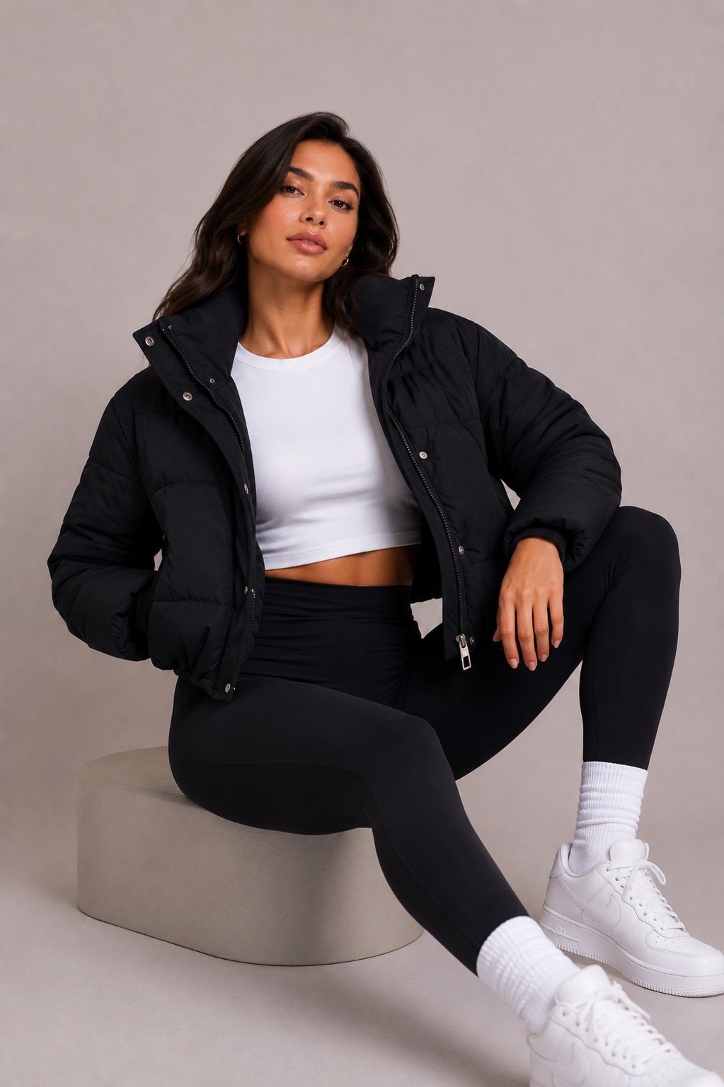Women's Short Quilted Puffer Jacket with Fitted Hood