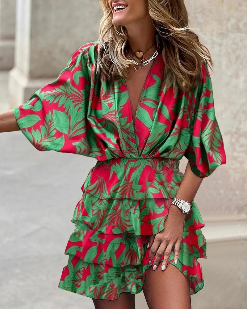Floral Print Ruffle Tiered Wrap Dress