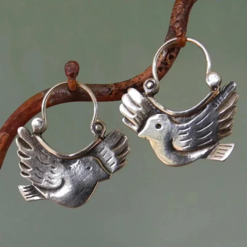 Boho Bird-Inspired Dangle Earrings – Silver-Coloured