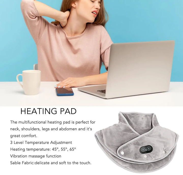 ThermoLiva Heated Neck and Shoulder Massager | USB Heating Cushion with Vibration | 3 Temperature Levels and Timer | Soft Plush