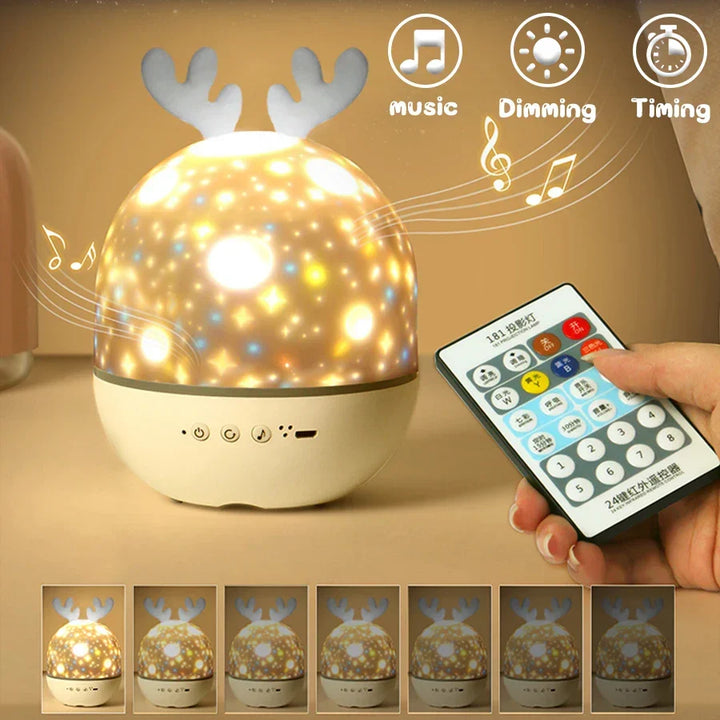 LED Night Light Projector with Remote Control and Music – Children's Lamp with Stars and Timer