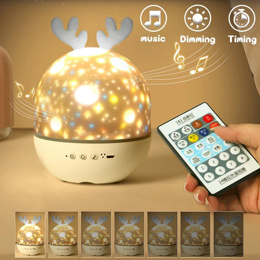 LED-Nachtprojektor mit Fernbedienung und Musik – Kinderlampe mit Sternen und Timer