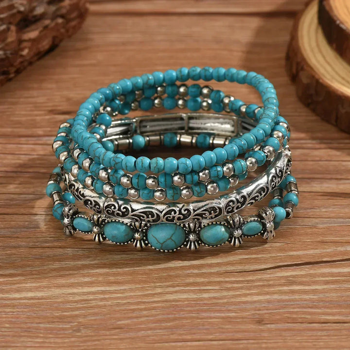 Boho Bracelet Set – 5 Pieces with Turquoise Beads