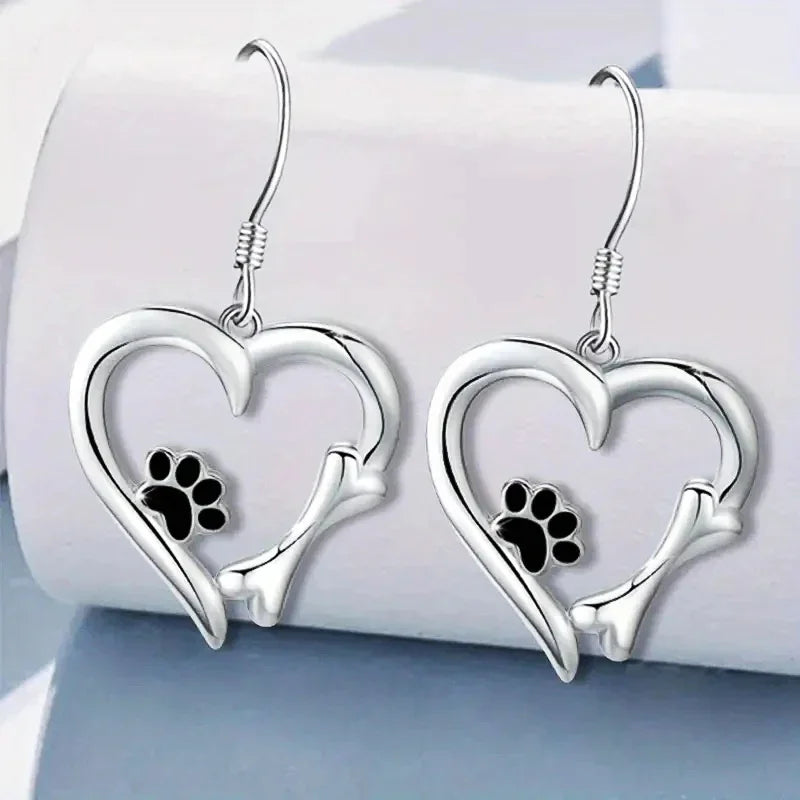 Silver Dangle Earrings with Heart & Paw Design