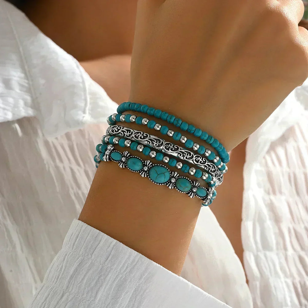 Boho Bracelet Set – 5 Pieces with Turquoise Beads