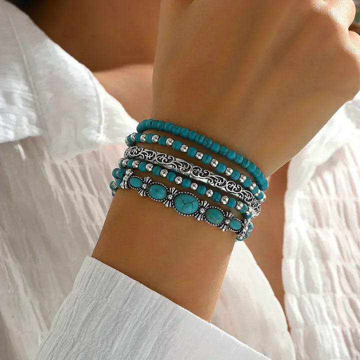 Boho Bracelet Set – 5 Pieces with Turquoise Beads