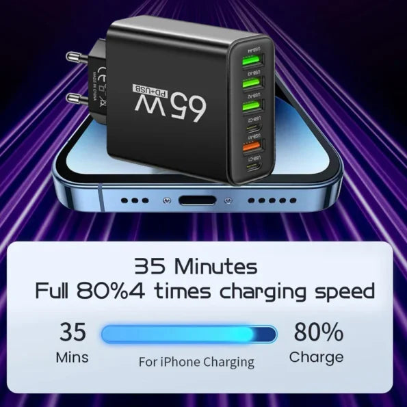 PowerMax 65W 6-in-1 Fast Charger – Charges up to 6 Devices Simultaneously – Ideal for Home, Office and Travel