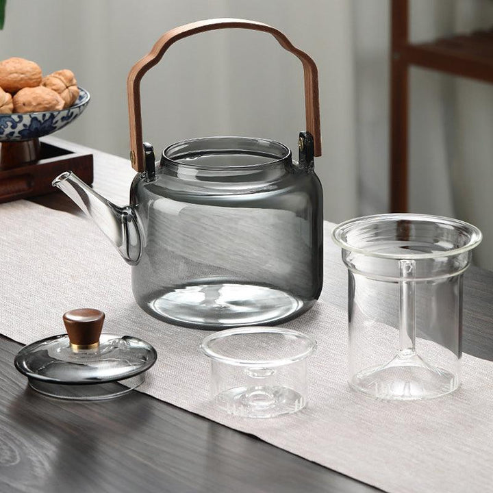 Glass Kettle with Wooden Lid and Filter – 1.2 Litres, Smoked Glass and Wood for an Elegant Tea-Tasting Experience