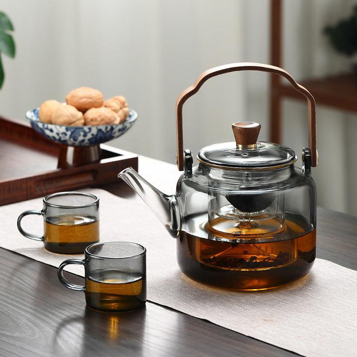 Glass Kettle with Wooden Lid and Filter – 1.2 Litres, Smoked Glass and Wood for an Elegant Tea-Tasting Experience