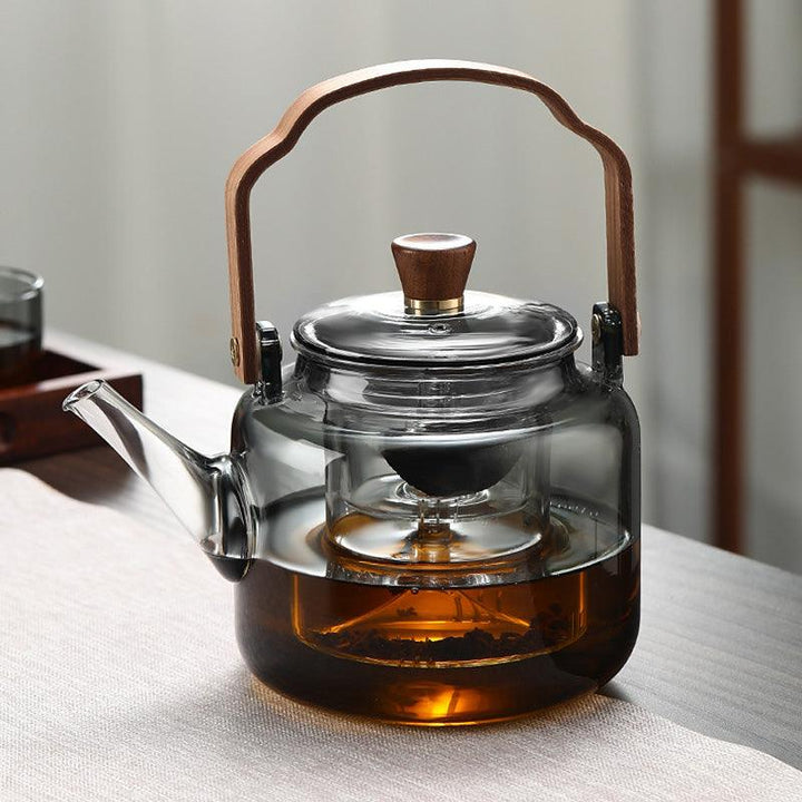 Glass Kettle with Wooden Lid and Filter – 1.2 Litres, Smoked Glass and Wood for an Elegant Tea-Tasting Experience