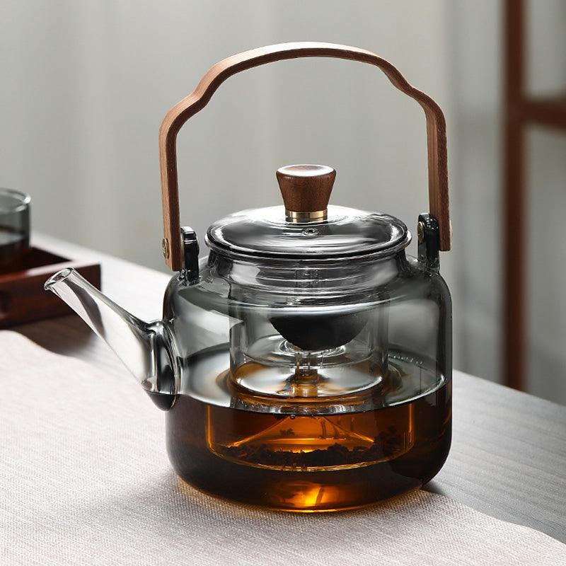 Glaskanne mit Holzdeckel und Filter – 1,2 Liter, Rauchglas und Holz für ein elegantes Tee-Erlebnis