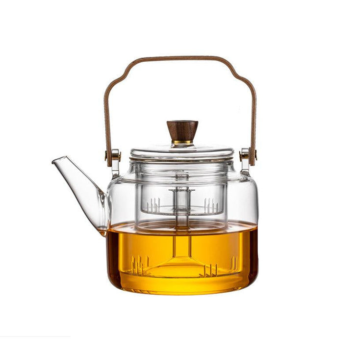 Glaskanne mit Holzdeckel und Filter – 1,2 Liter, Rauchglas und Holz für ein elegantes Tee-Erlebnis