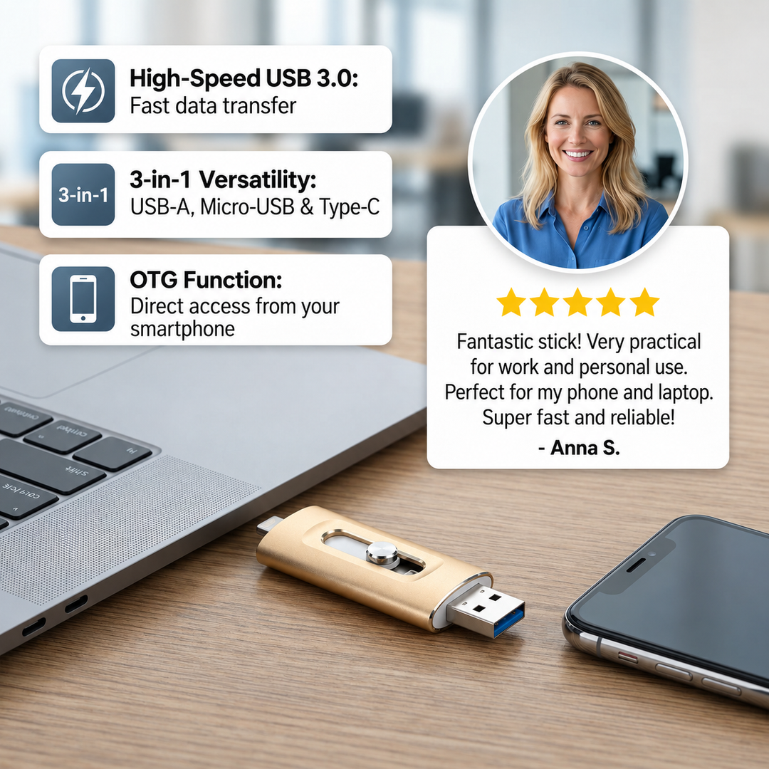 3-in-1 USB Flash Drive | USB 3.0 High Speed with Type-C and OTG Adapter