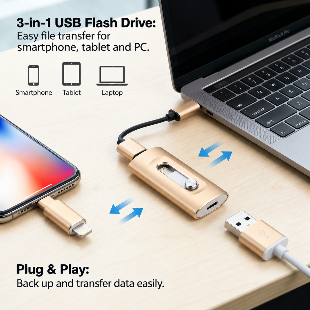 3-in-1 USB Flash Drive | USB 3.0 High Speed with Type-C and OTG Adapter