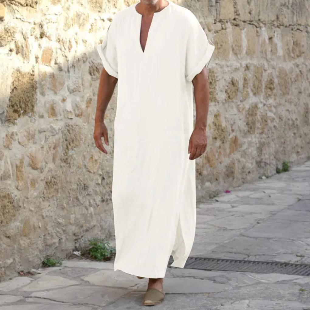 Men’s White Djellaba – V-Neck Long Robe
