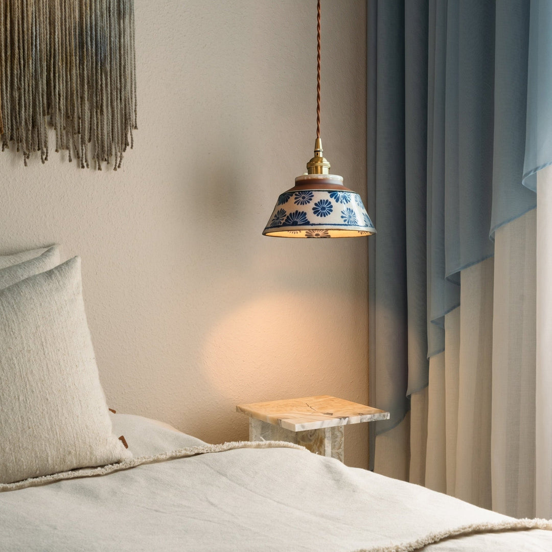 Vintage hand-painted ceramic pendant light with fabric cable