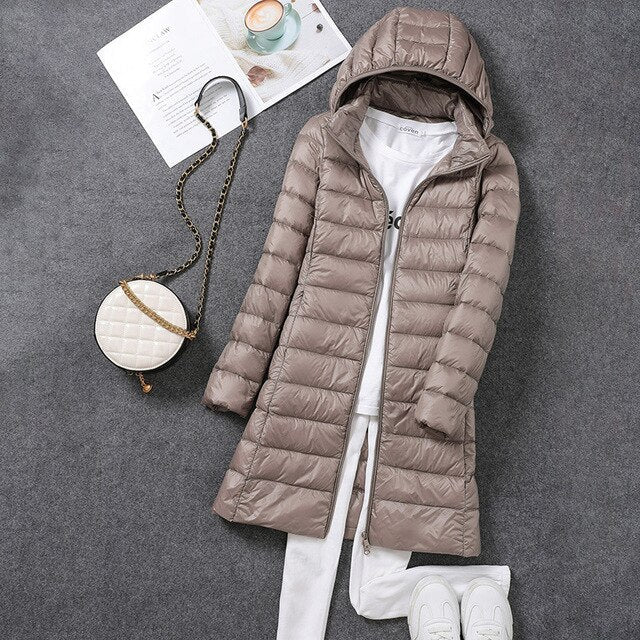 Long Down Jacket with Detachable Hood for Women