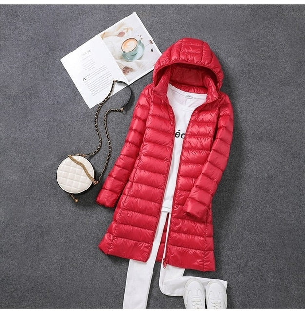 Long Down Jacket with Detachable Hood for Women