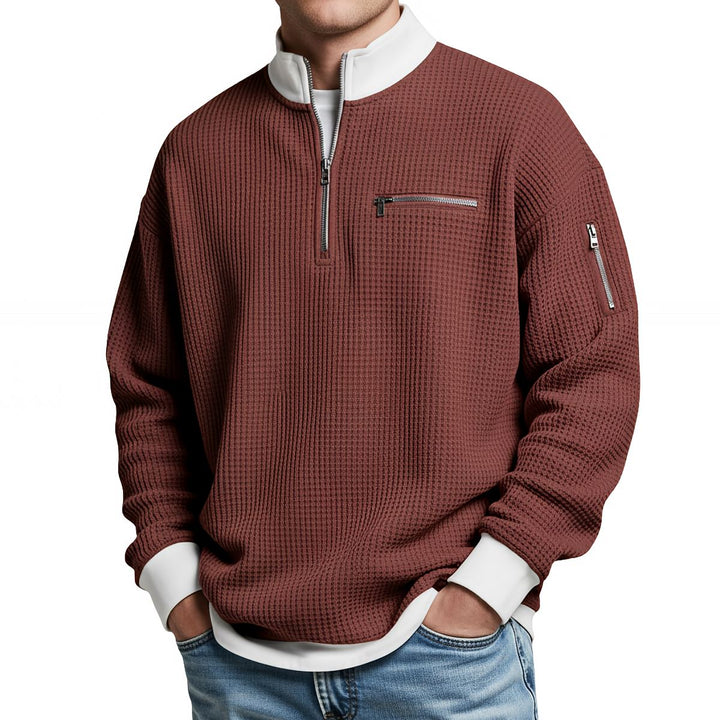 Men's waffle-knit jumper with 1/4 zip at the collar