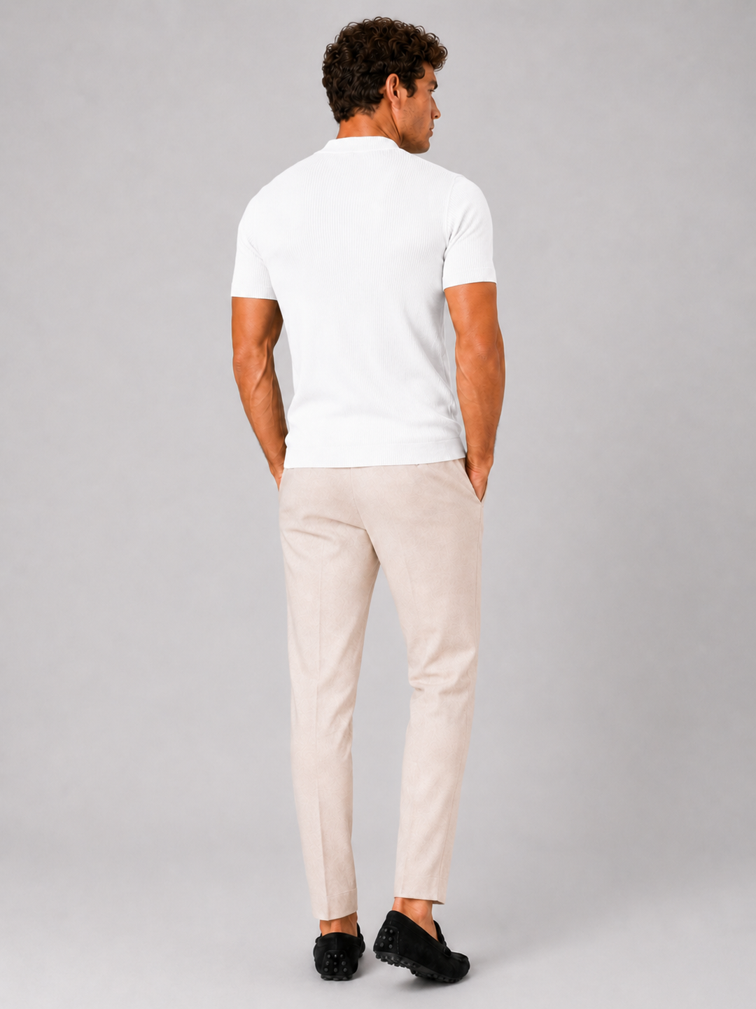 Men's ribbed T-shirt with stand-up collar – fitted stretch short-sleeved top