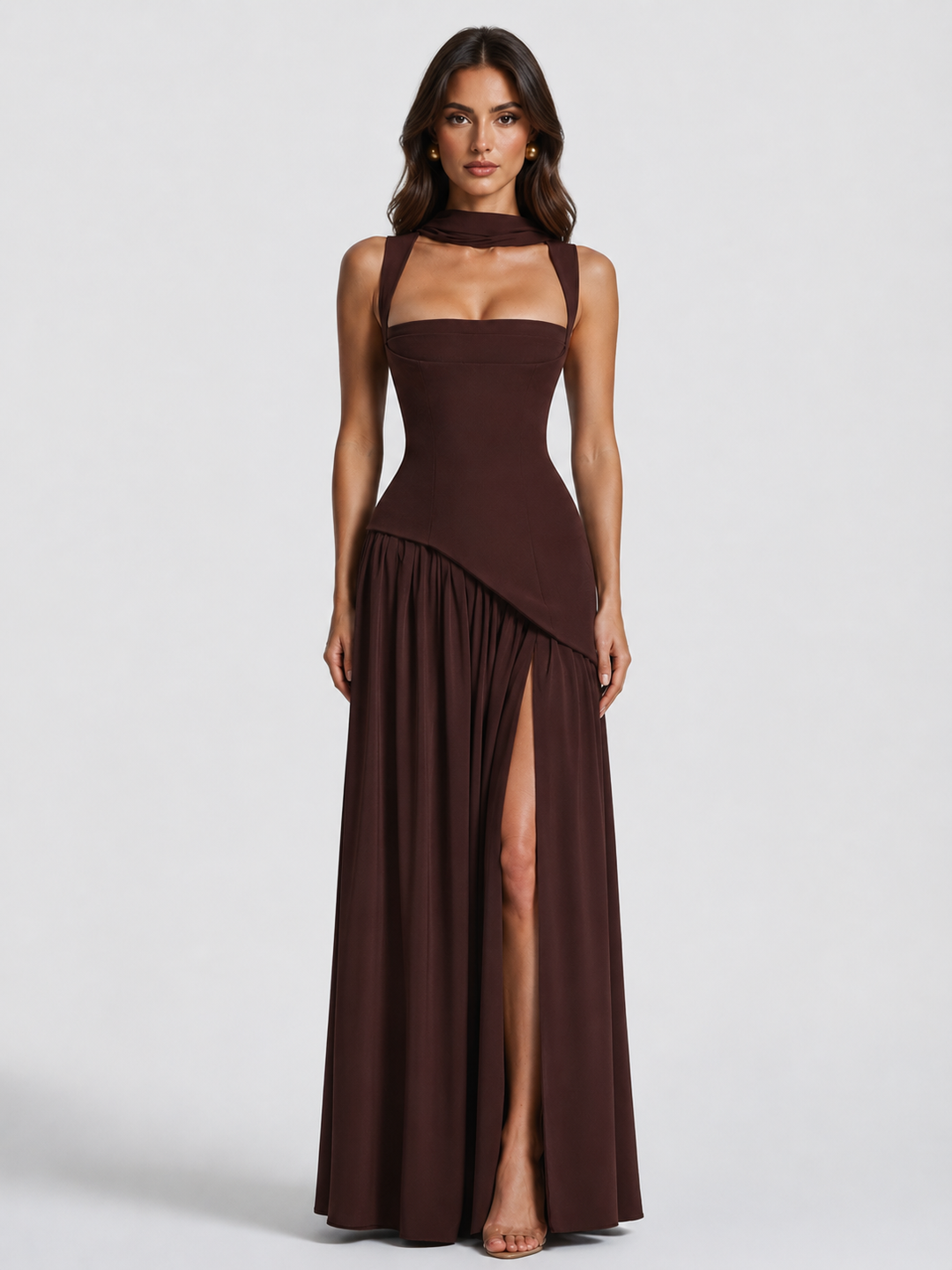 Sculpturally Draped Satin-Look Maxi Dress