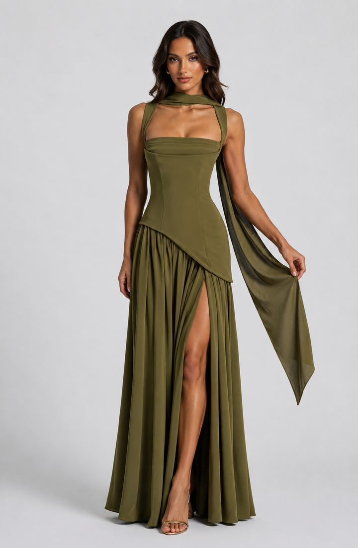Sculpturally Draped Satin-Look Maxi Dress