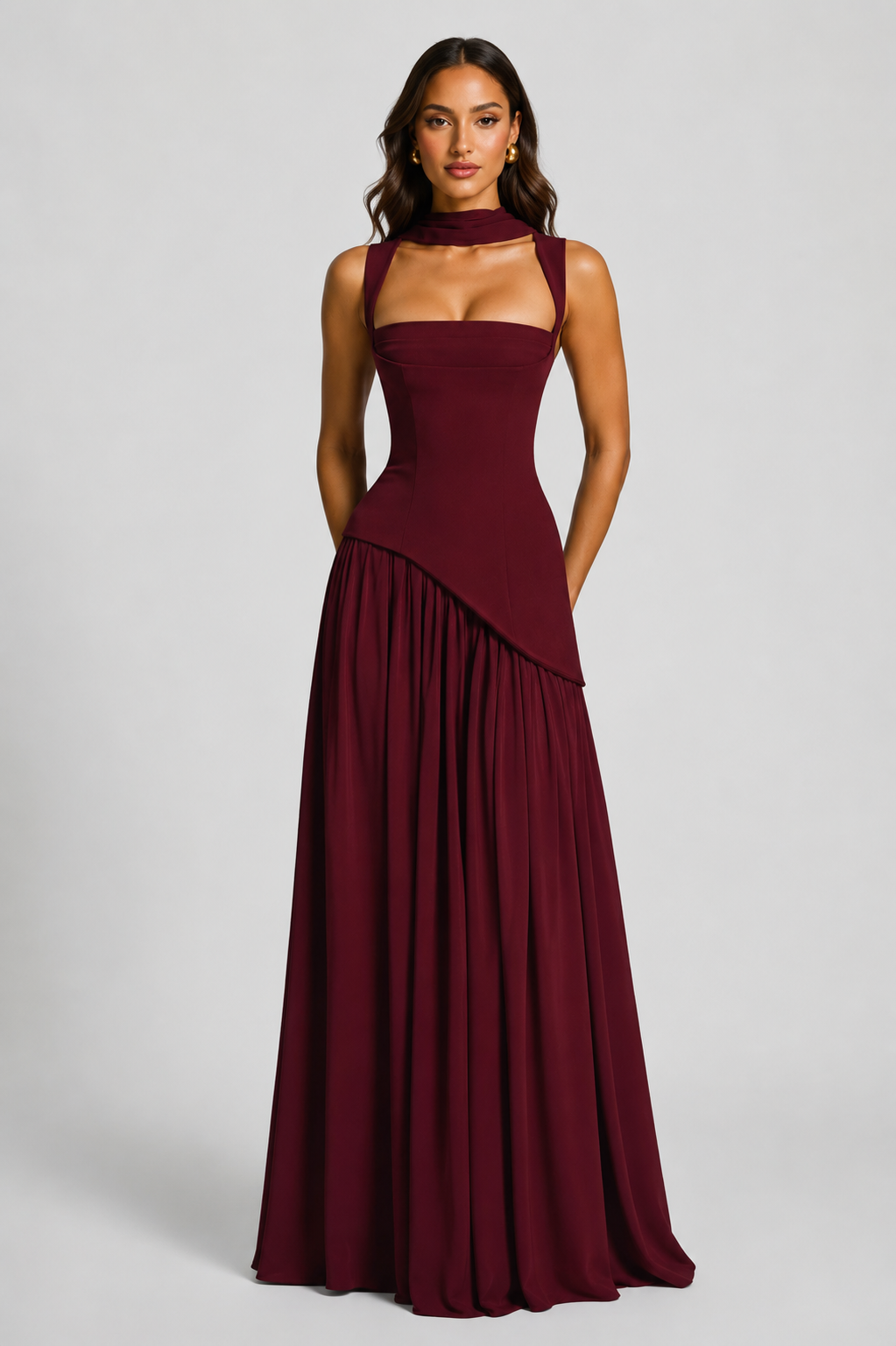 Sculpturally Draped Satin-Look Maxi Dress