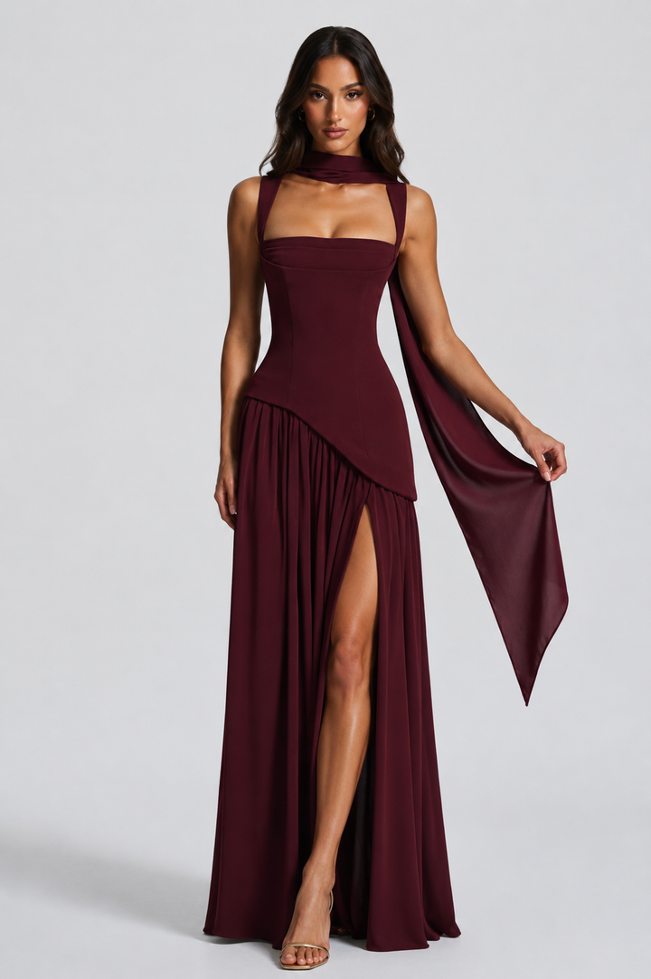 Sculpturally Draped Satin-Look Maxi Dress