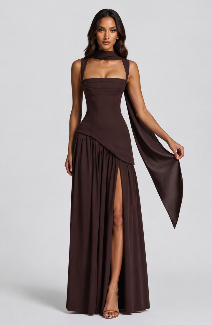 Sculpturally Draped Satin-Look Maxi Dress