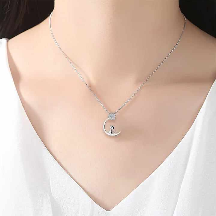 Sterling Silver Cat Moon Star Pendant