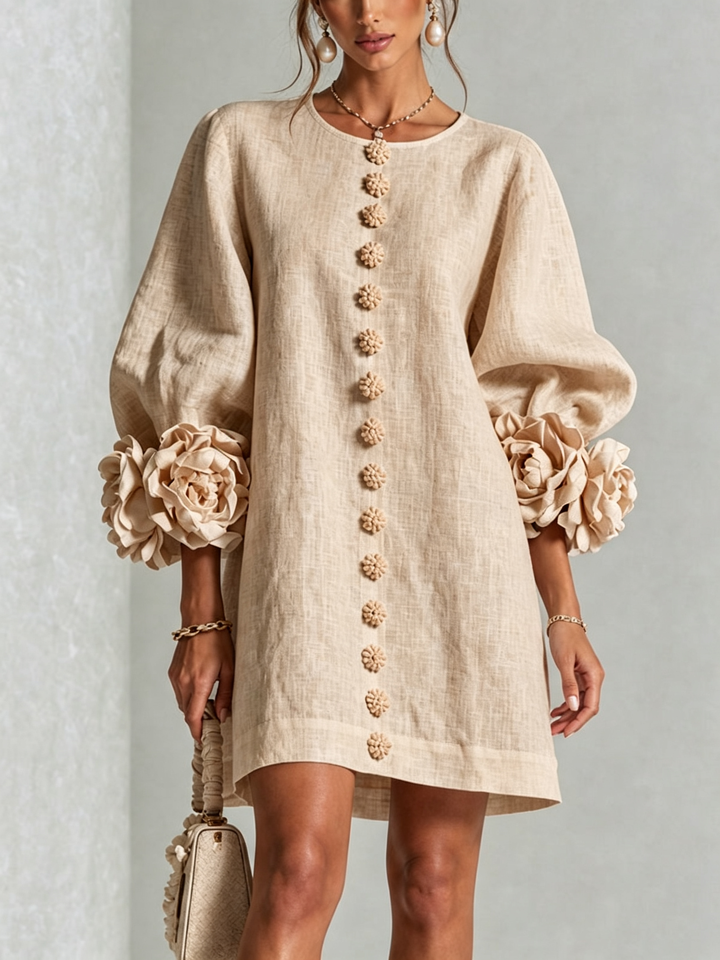 Women's Linen Tunic Mini Dress with Long Puff Sleeves