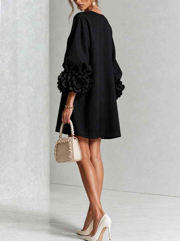 Women's Linen Tunic Mini Dress with Long Puff Sleeves