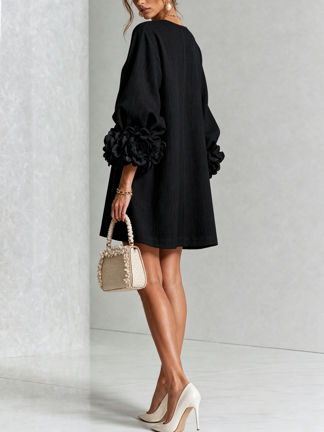 Linen-Blend Shirt Dress with Rosette Trim on the Sleeves.