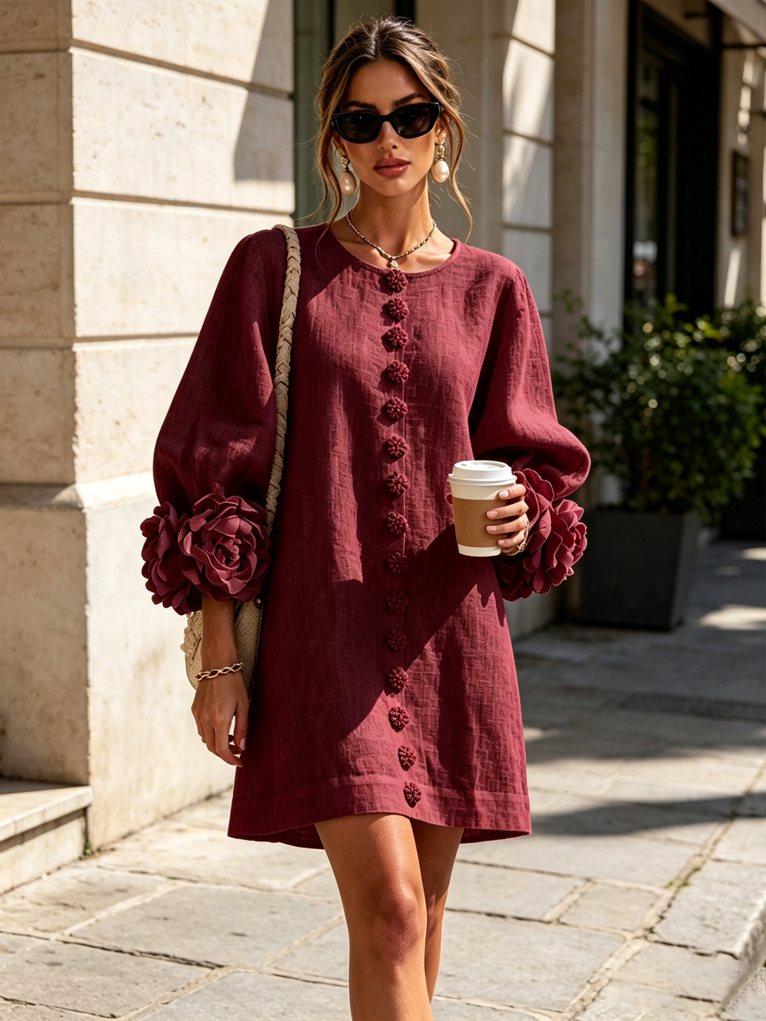 Linen-Blend Shirt Dress with Rosette Trim on the Sleeves.