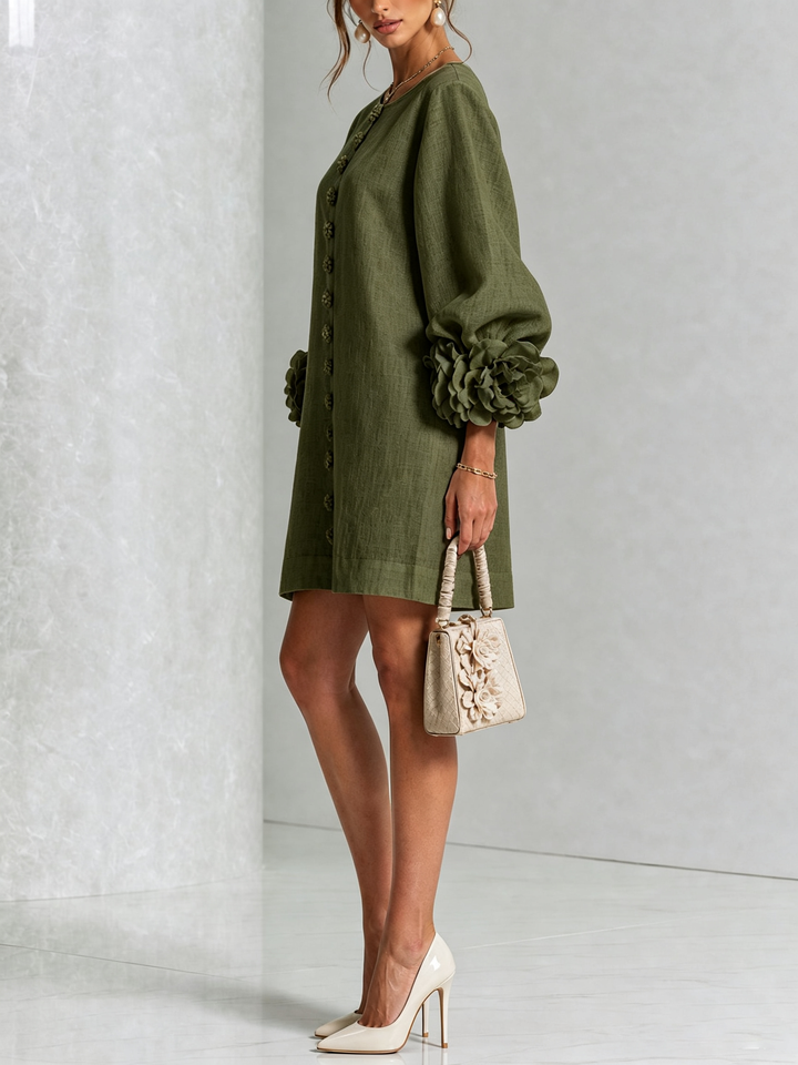 Women's Linen Tunic Mini Dress with Long Puff Sleeves