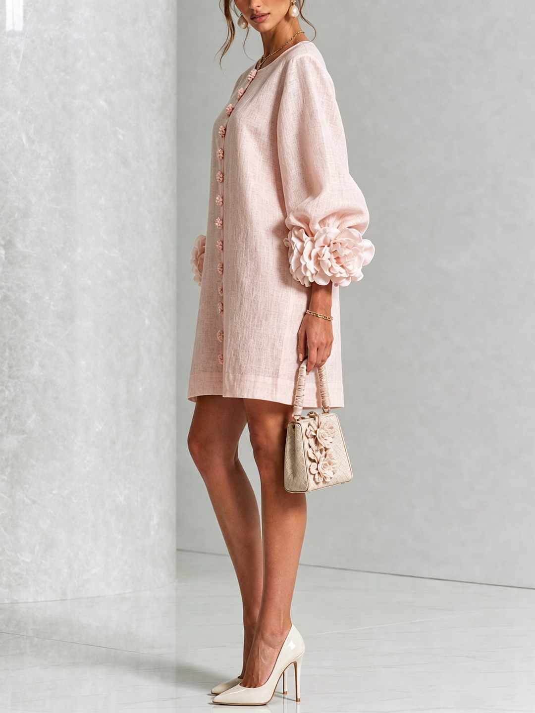 Linen-Blend Shirt Dress with Rosette Trim on the Sleeves.