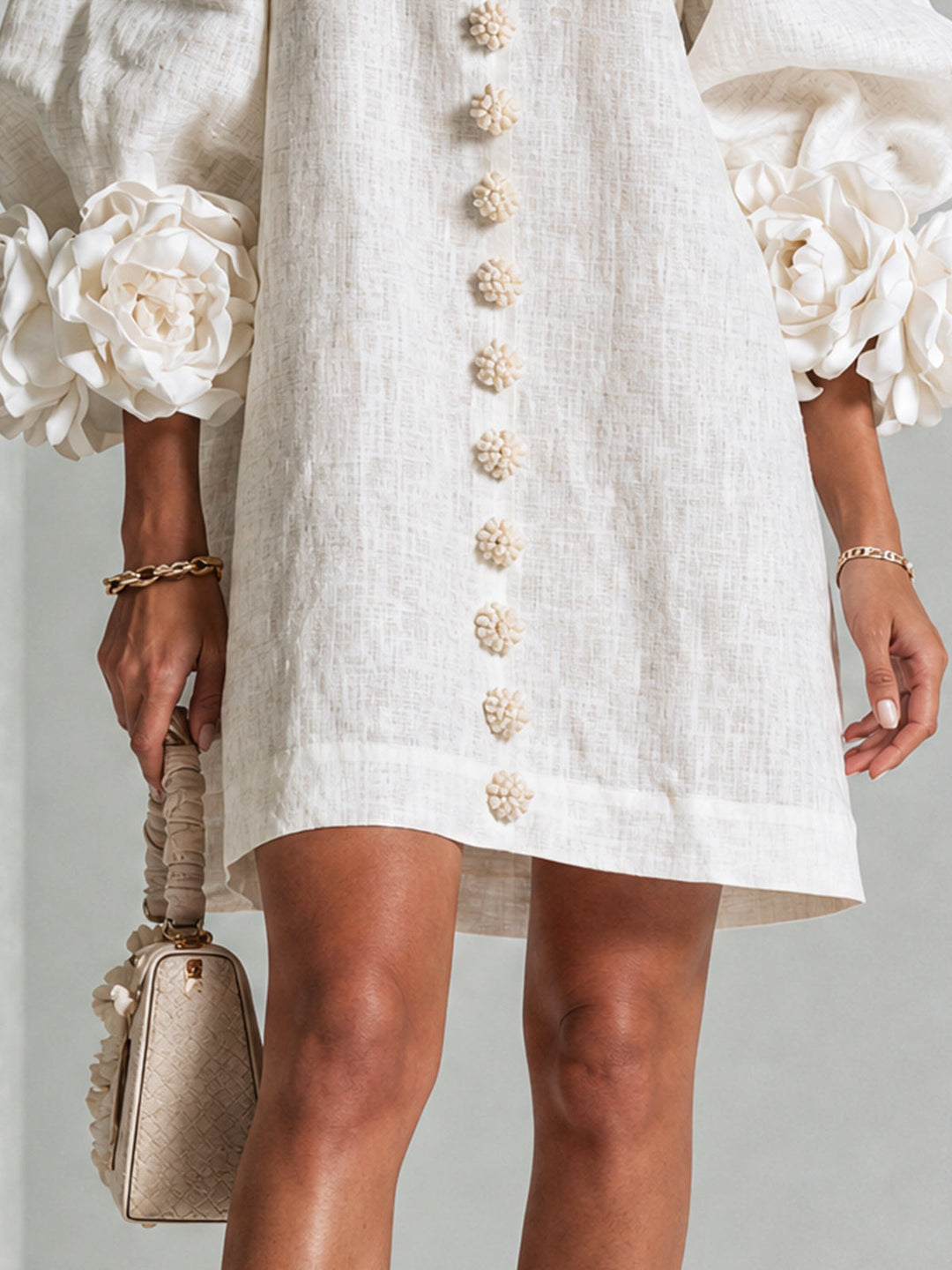 Women's Linen Tunic Mini Dress with Long Puff Sleeves