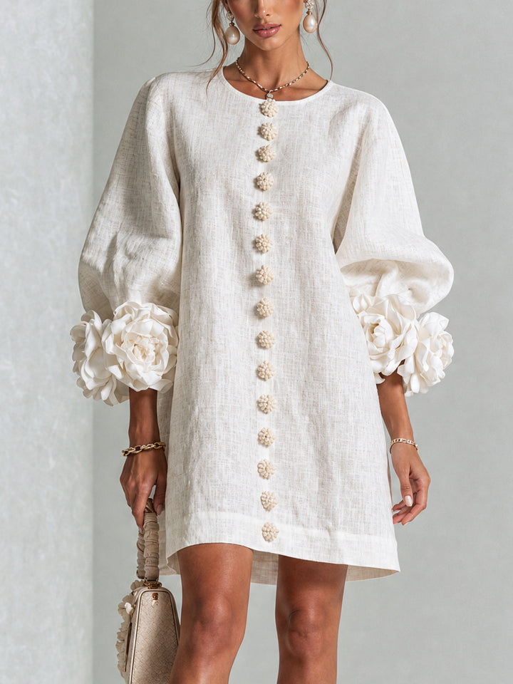 Linen-Blend Shirt Dress with Rosette Trim on the Sleeves.