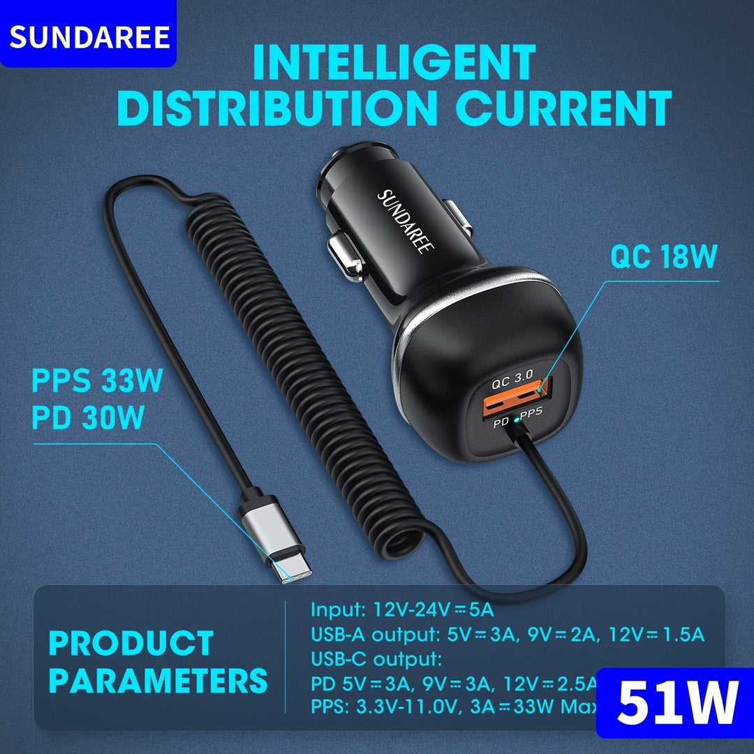 Fast-Charging 51W Rechargeable USB-C Car Charger – For Super-Fast Charging of Multiple Devices