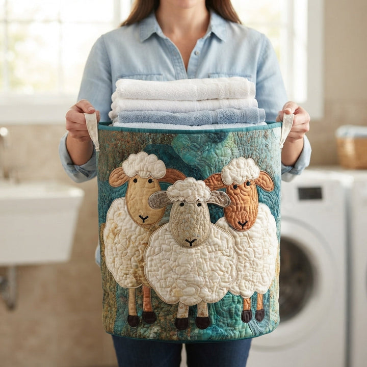 Quilted fabric laundry hamper with canvas handles, freestanding, 3 sizes