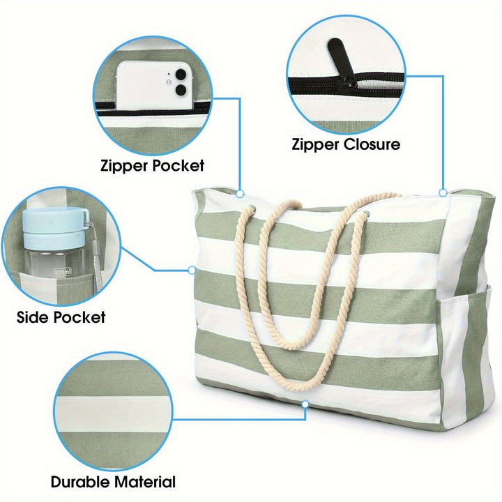 Large-Capacity Striped Beach Bag – Durable Polyester with Zip