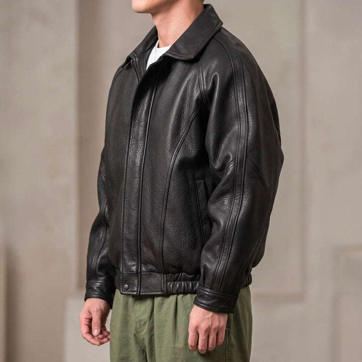 Men's Leather Jacket with Zip – Structured Collar, Mid-Layer for Spring/Autumn
