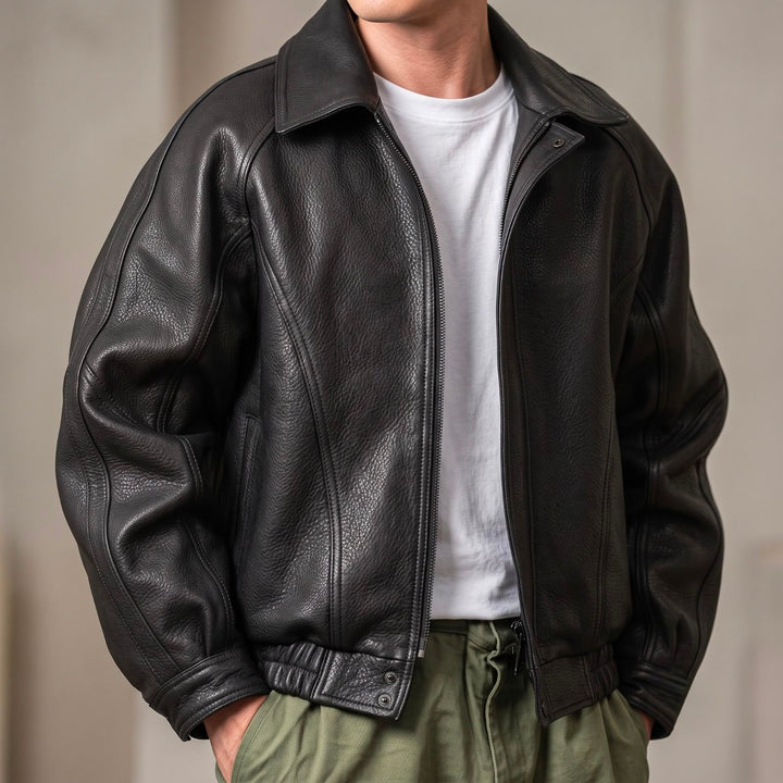 Men's Leather Jacket with Zip – Structured, Collar-Focused Mid-Layer for Spring/Autumn