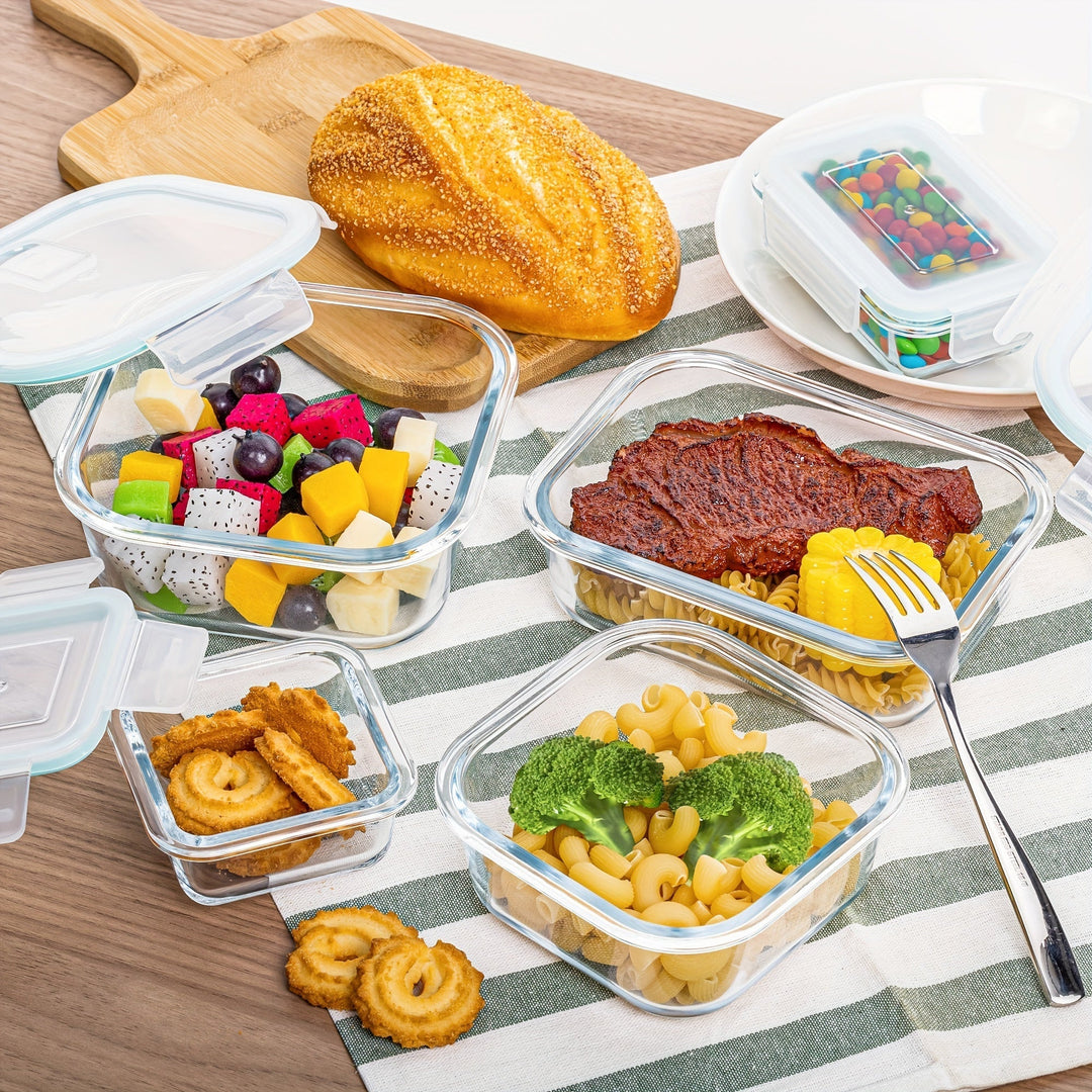 Set aus 8 Glasbehältern für Lebensmittel – Bento-Boxen zur Essensvorbereitung, luftdicht, mit auslaufsicheren Deckeln, geeignet für Mikrowelle, Backofen, Gefrierschrank und Spülmaschine, BPA-frei