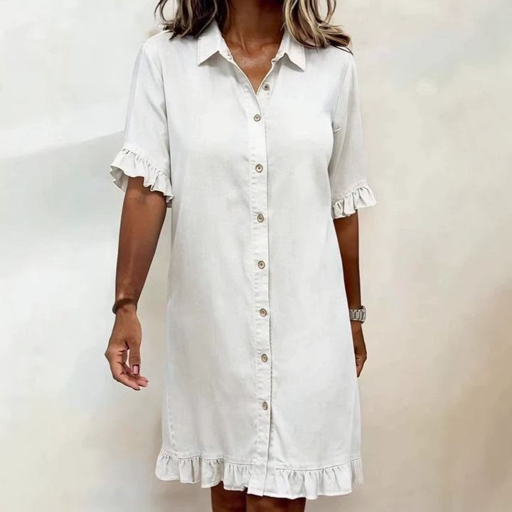 Solid-color Faux Denim Ruffled-edge Shirt Dress