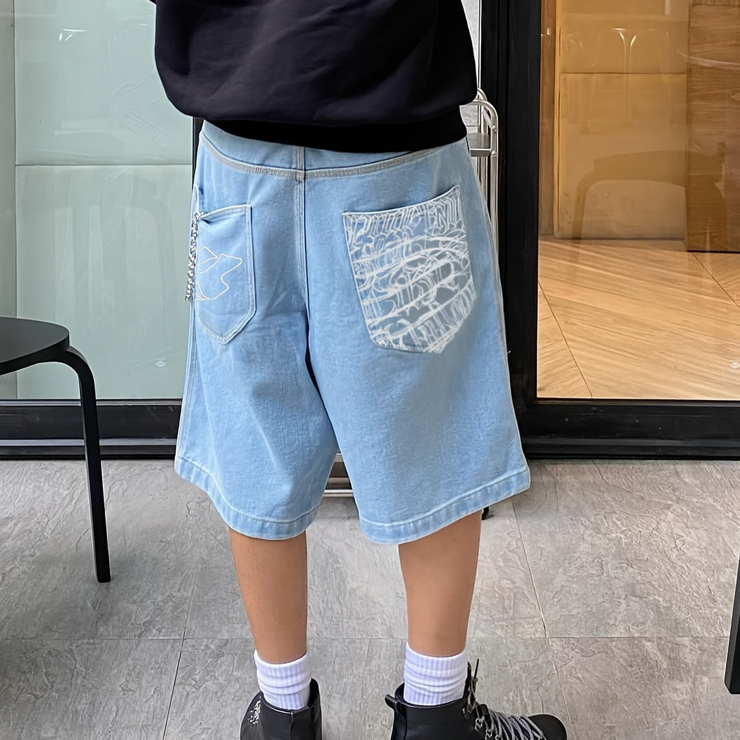 Casual Denim Bermuda Shorts – Loose Fit with Elegant Floral Embroidery