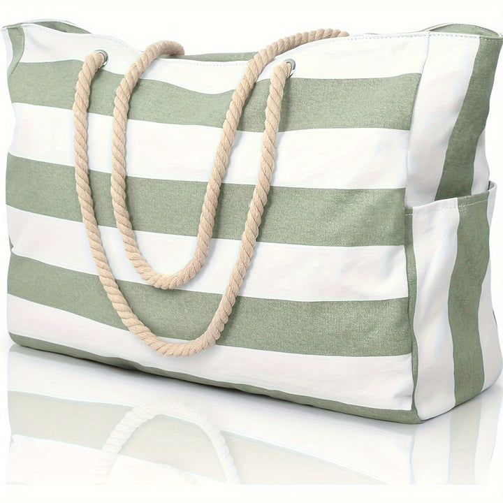 Large-Capacity Striped Beach Bag – Durable Polyester with Zip